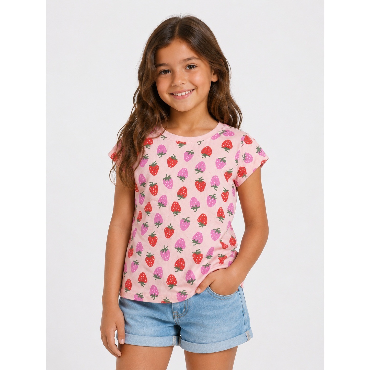 Wonder Nation Girls Pink Strawberry Print Short Sleeve T-Shirt Size S 6-6X