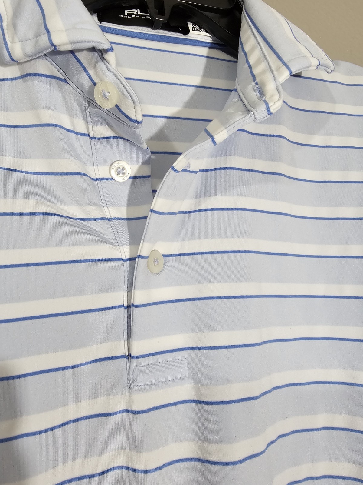 RLX Ralph Lauren Blue White Striped Polo Shirt Button Short Sleeve Men’s S