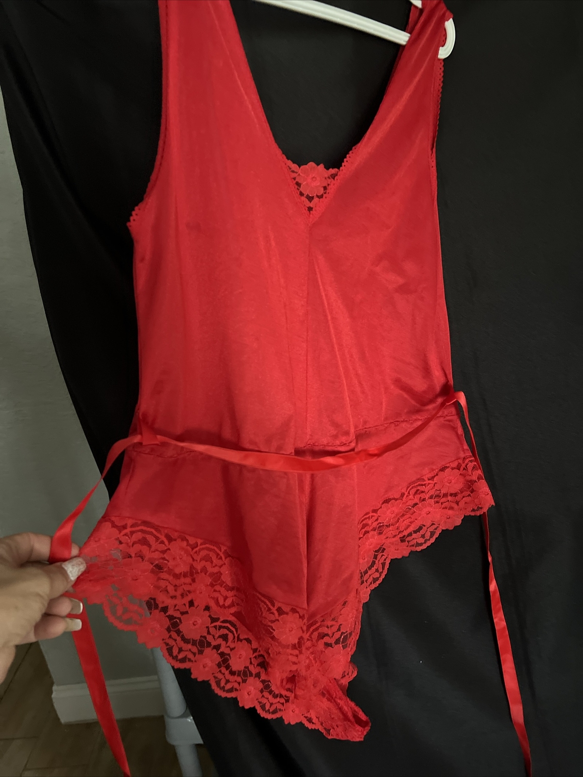 Vtg Undercover Romper Wear RED W/LACE & RIBBON BELT Sz L cc1