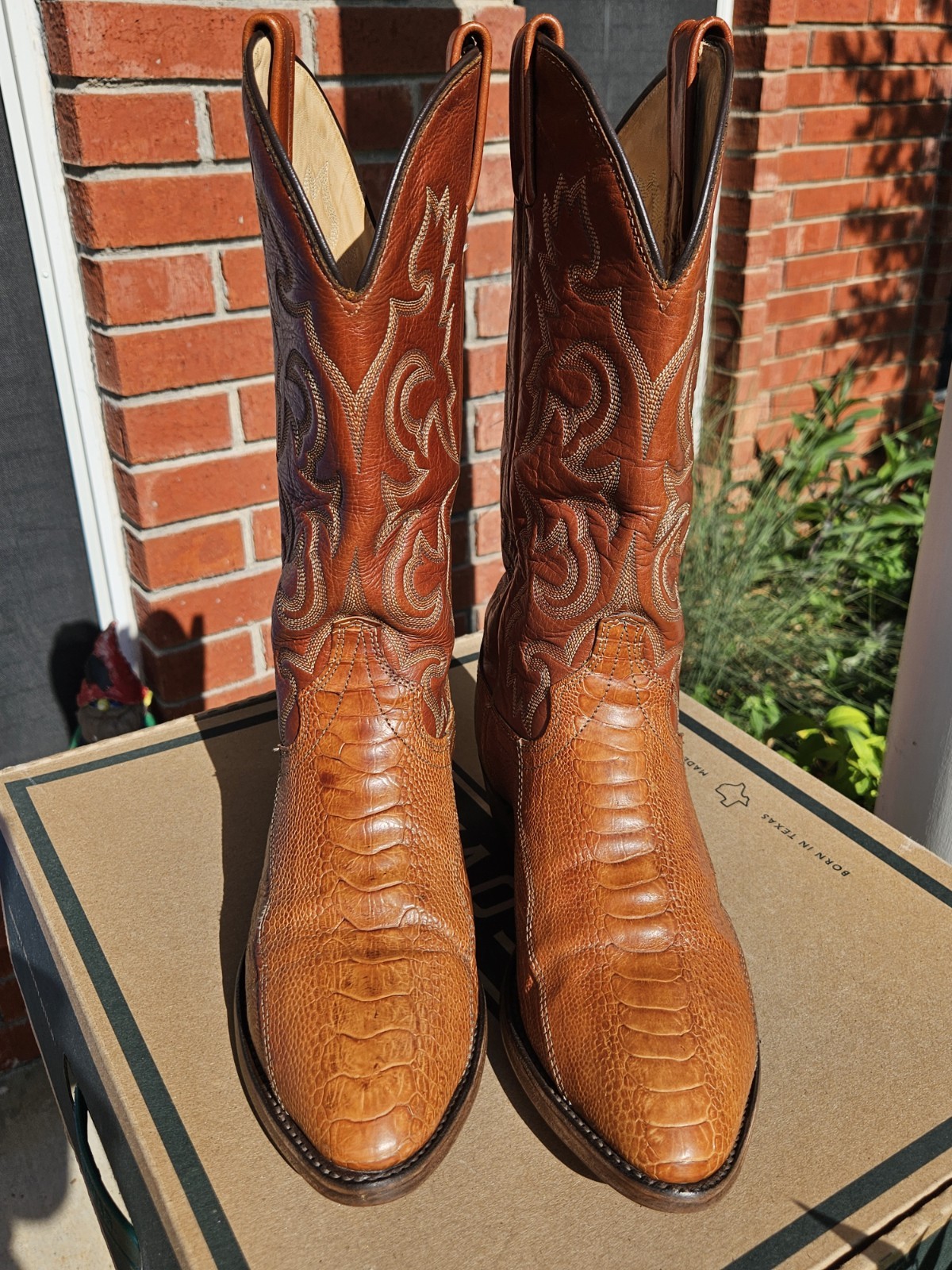 J Chisholm Men’s Cowboy Boots Size 9D “Cognac Ostrich Leg” W/NEW HEEL CAPS!
