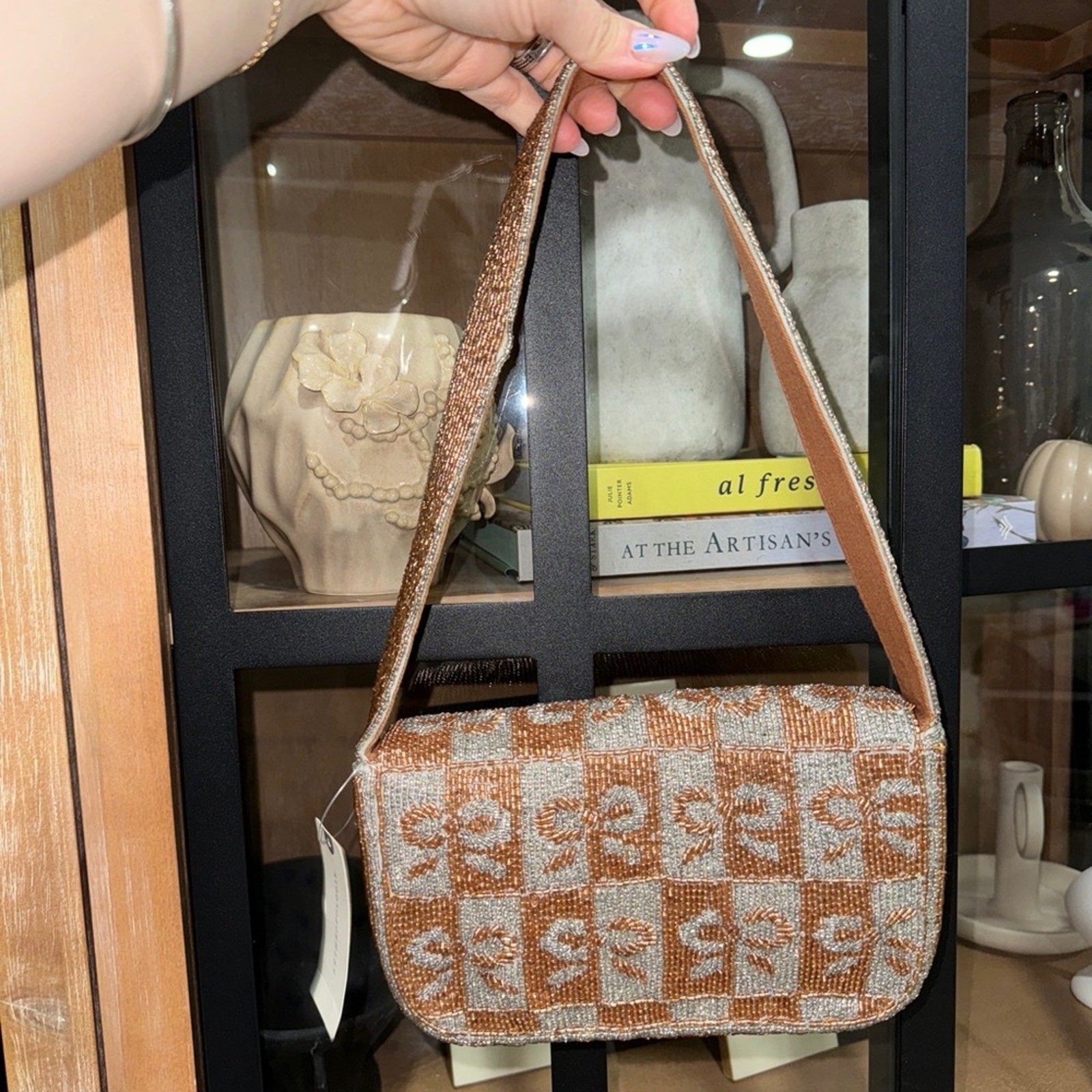 Anthropologie Fiona beaded shoulder bag bows metallic bronze mixed coquette