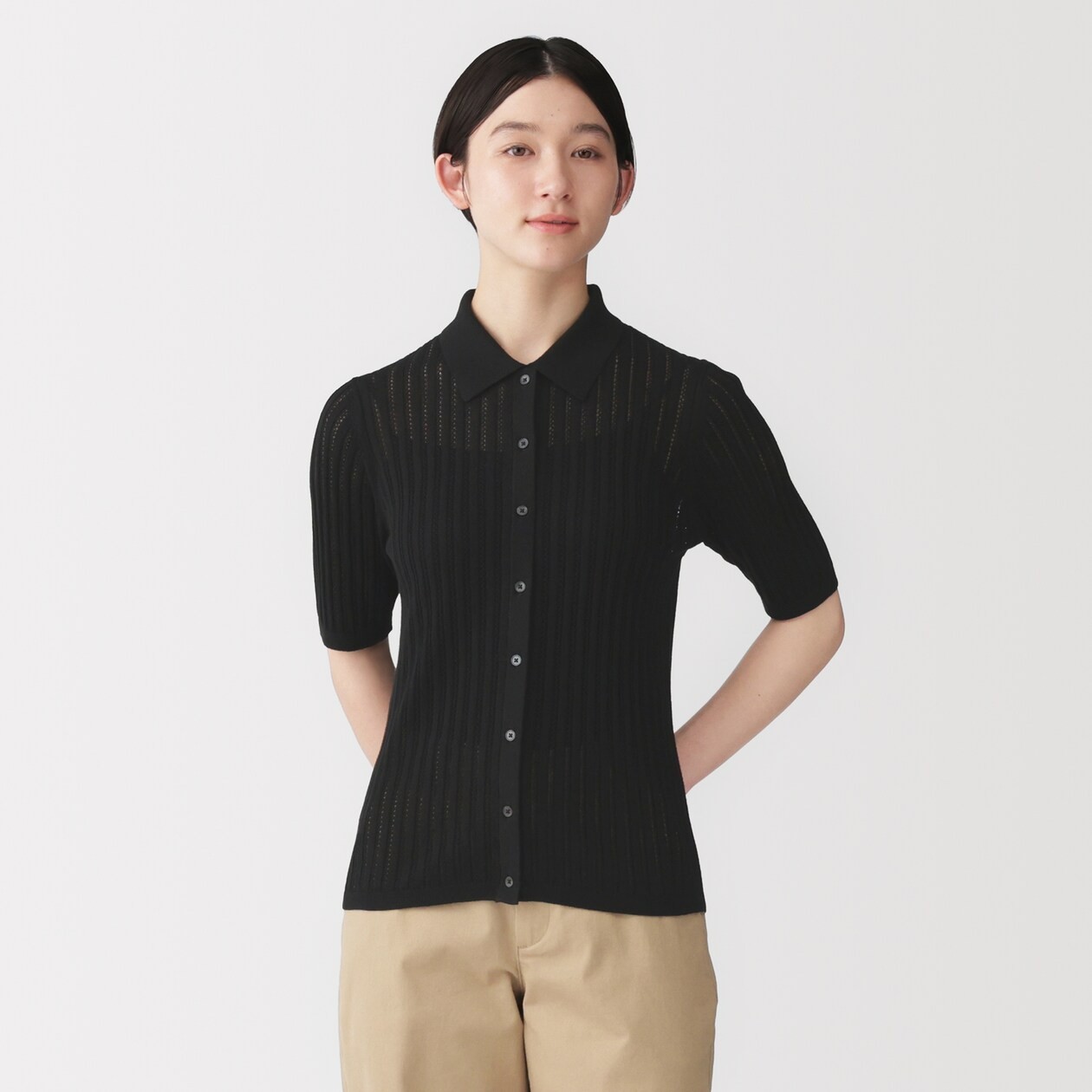 MUJI Smooth Ribbed See-through 1/2 Sleeve Polo Cardigan Black FedEx