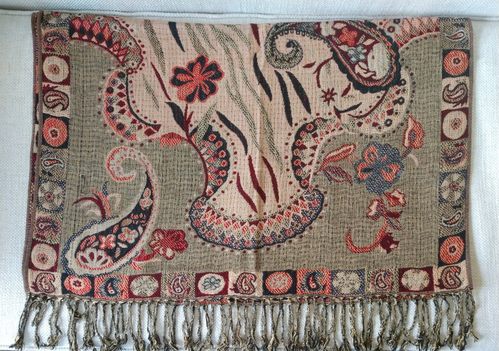 Pashmina Scarf Wrap Shawl Woven Tan Black Orange Paisley Fringe 27 x 68 inches