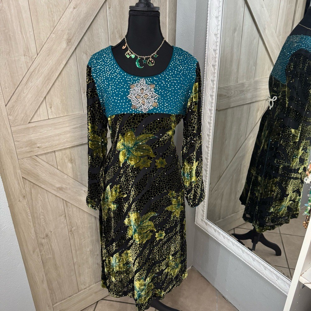 Fairy Core Teal and Black Velour Beaded Tunic