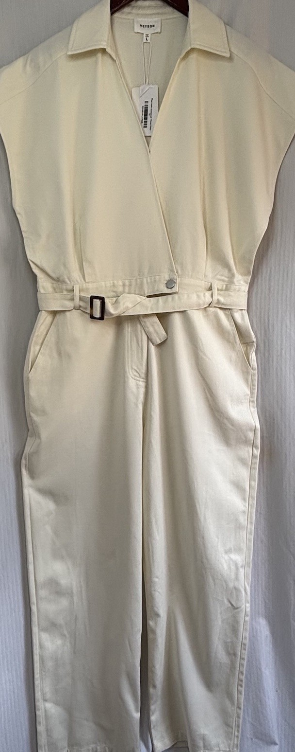 Heyson Leah Cotton Jumpsuit L Cream Utility Wide Leg Belted NWT