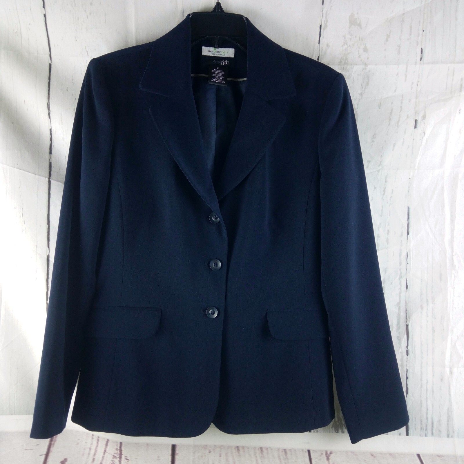 East 5th NanoTex Fabric Womens Size 10 Blue 3 Button Lined Suit Blazer Jacket