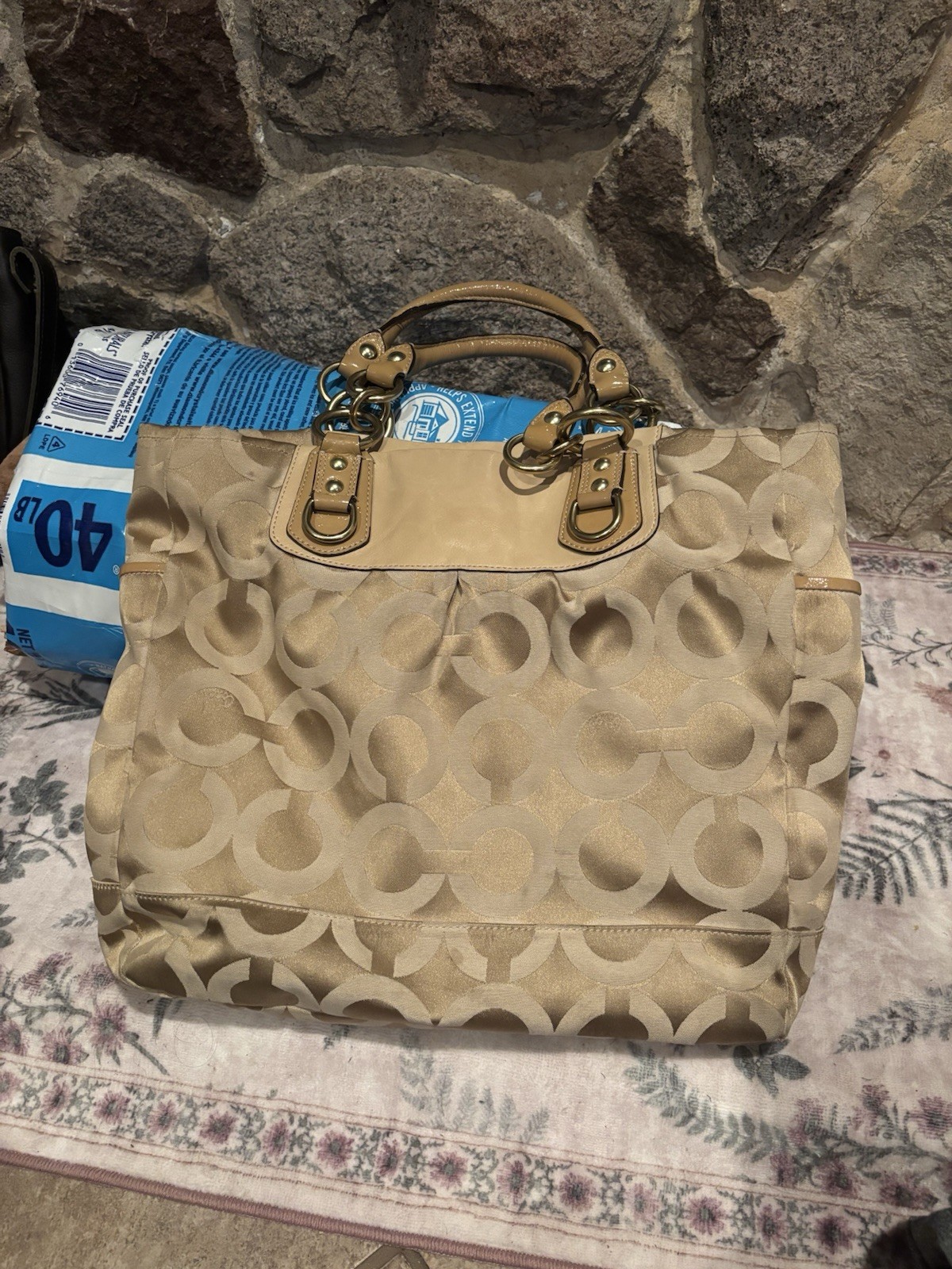 Coach Signature C Beige Medium Satchel/Top Handle Bag, Gold Hardware, Zip