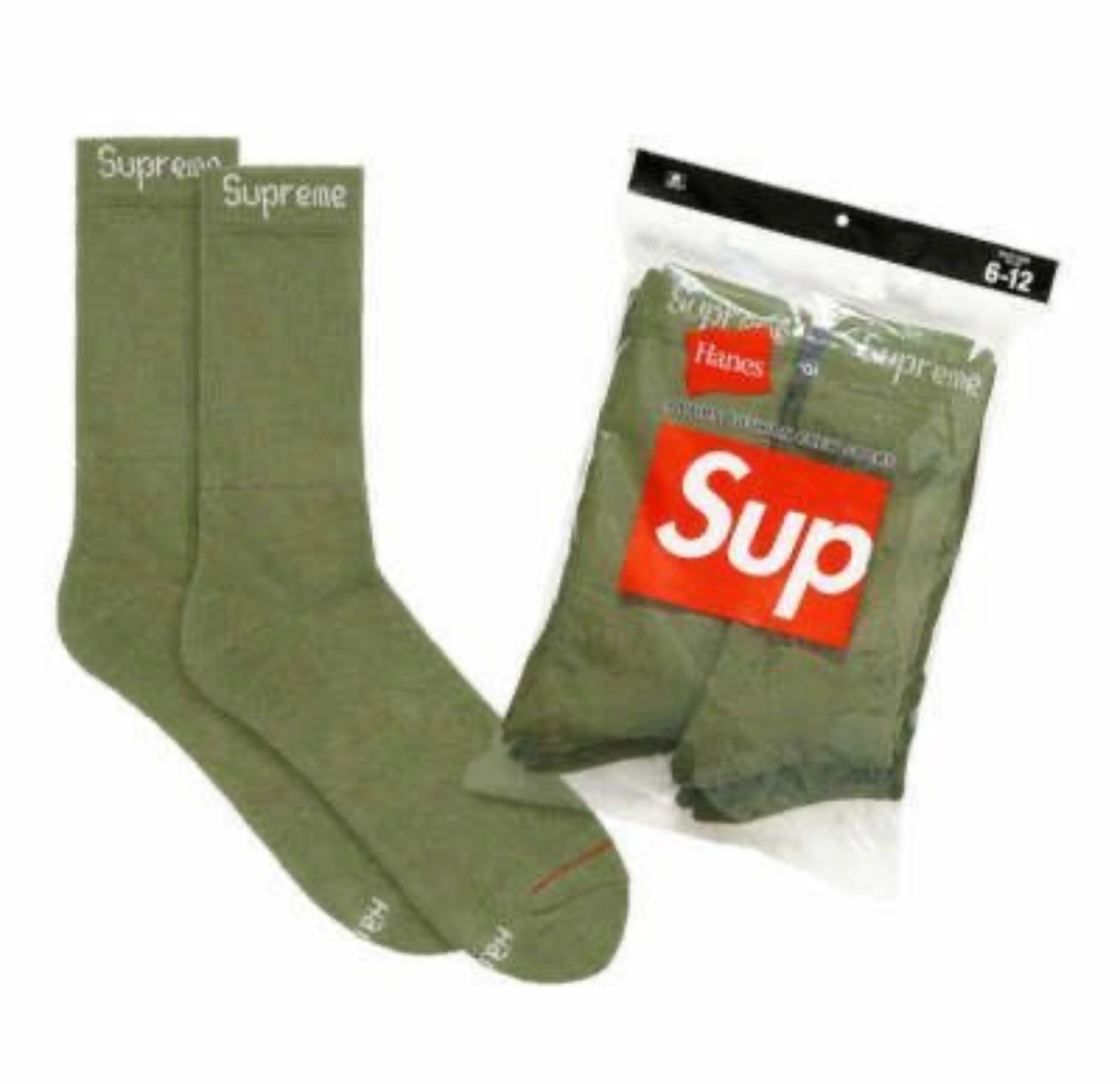 Supreme x Hanes OLIVE GREEN Crew Socks ONE (1) PAIR – Size 6-12 – NEW