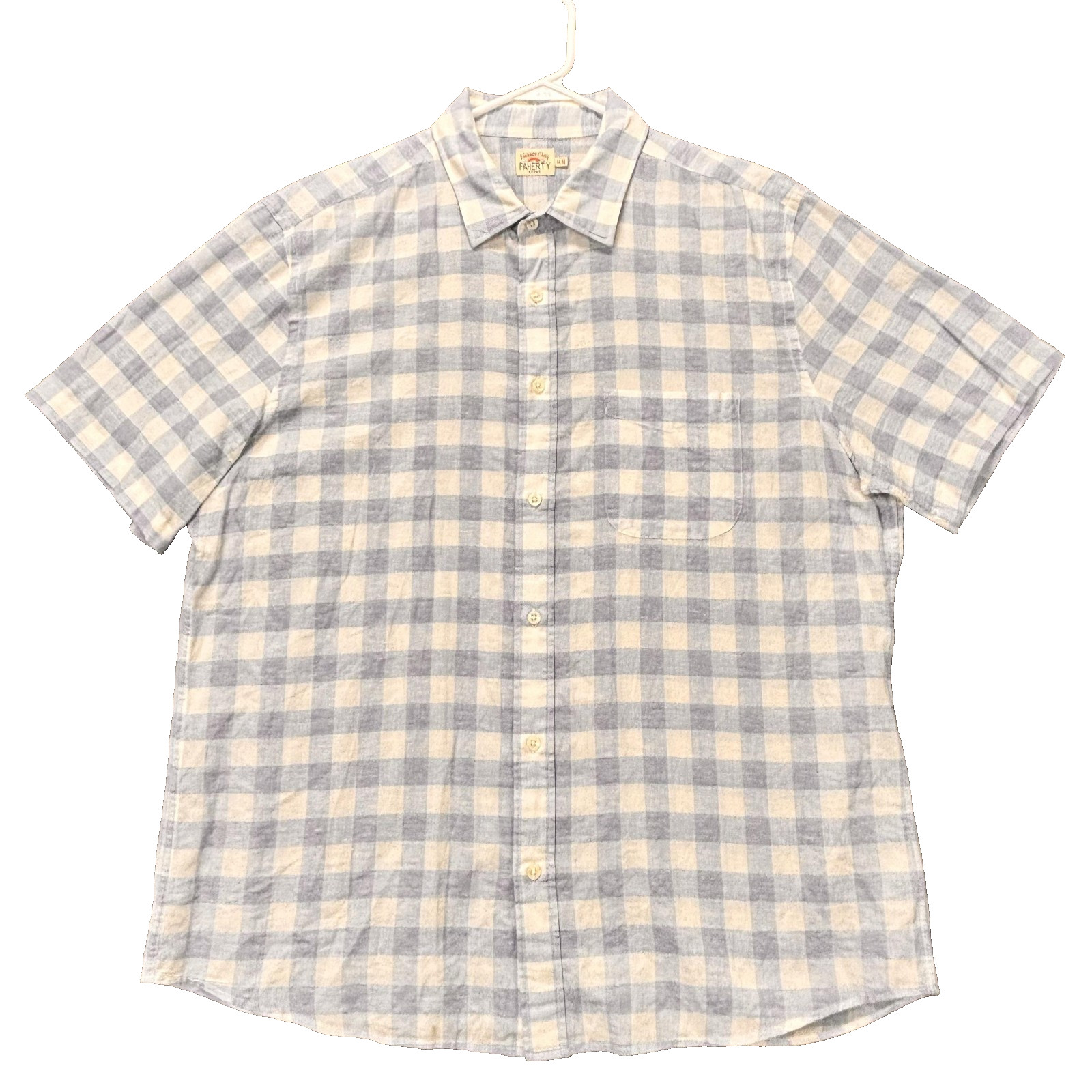 Faherty Shirt Mens XL Blue Check Short Sleeve Button Up Linen Blend Lightweight