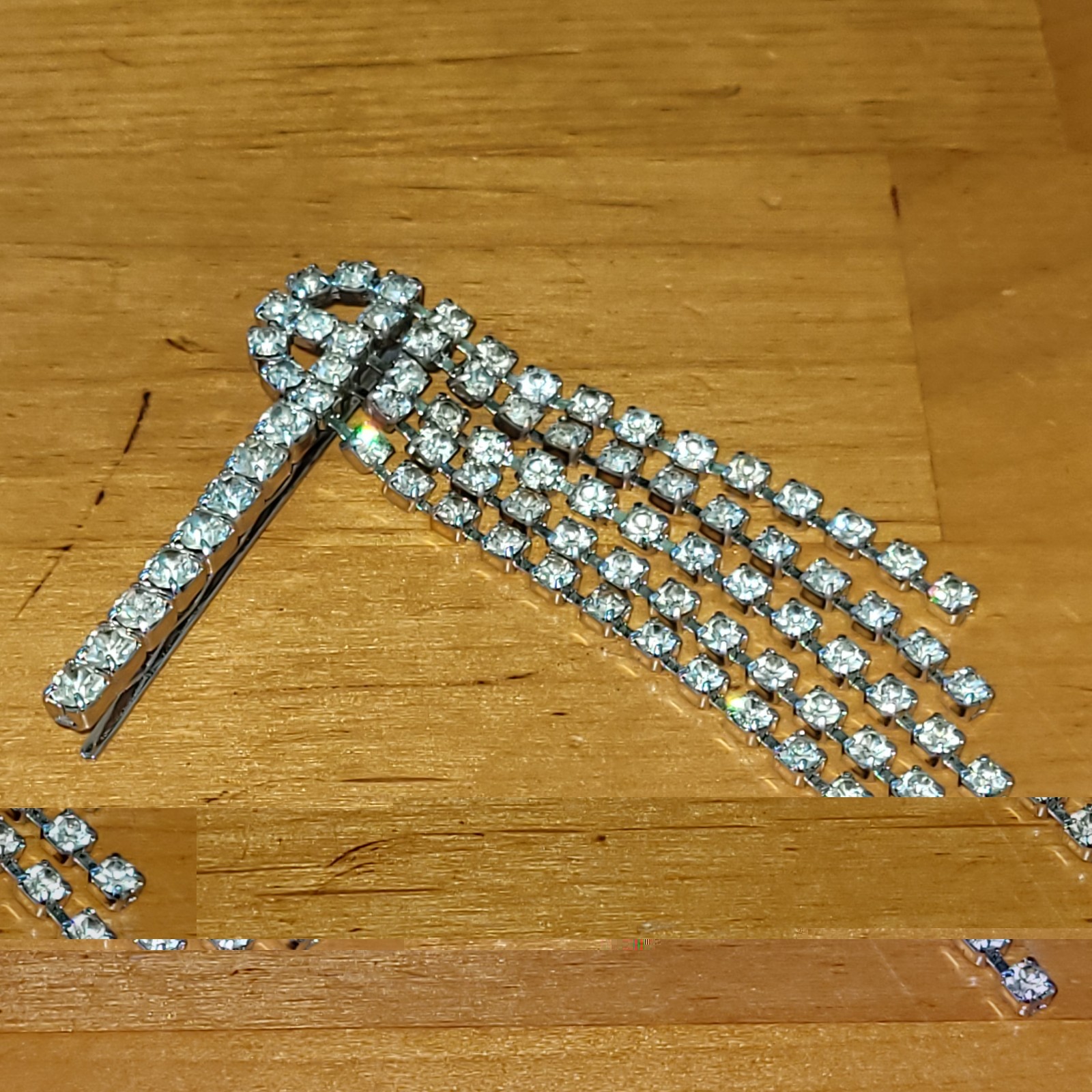 Vintage Clear Rhinestone Waterfall Hair Barrette Prong Set Bridal 3.25in