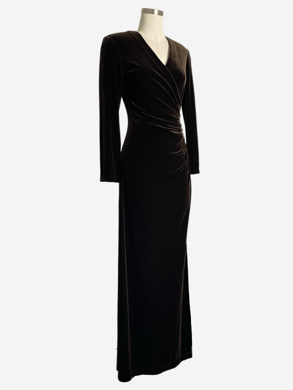 Vintage 90s Cache Brown velvet ruched wrap maxi gown old Hollywood soft goth XS