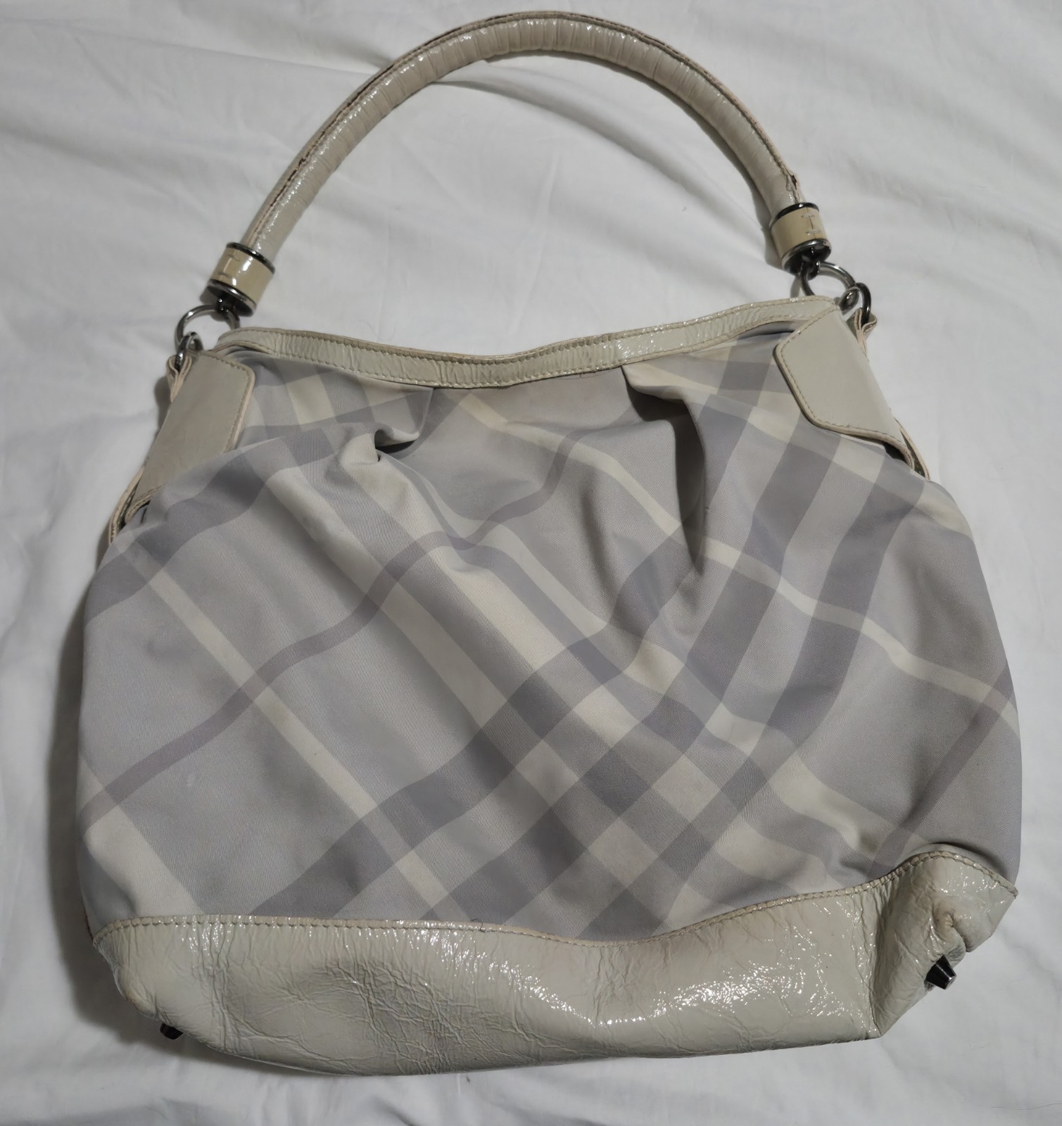 Burberry Checked Gray Nylon & Trimmed Smoke Patent Leather Shoulder Hobo Bag
