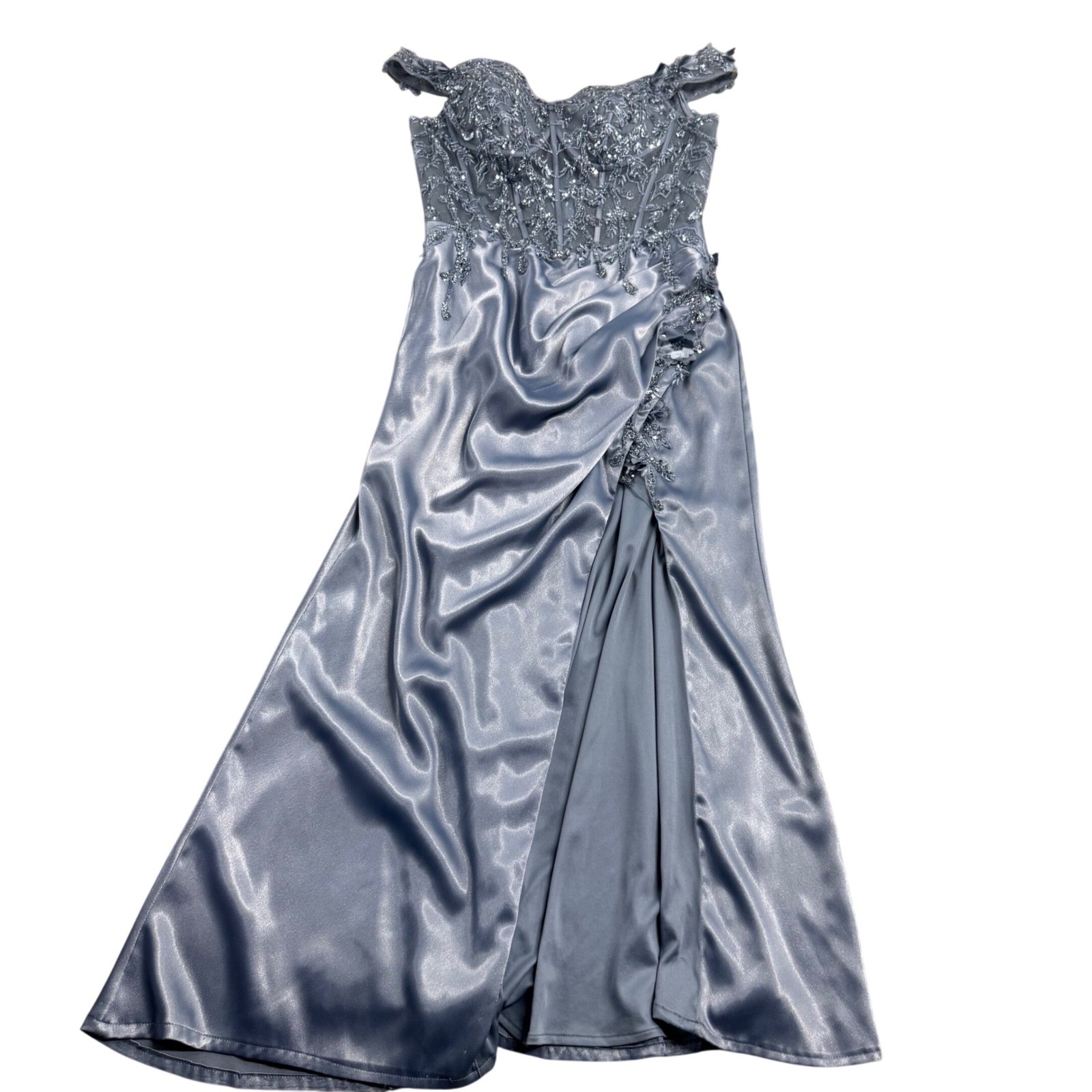 Ladivine by Cinderella Divine Blue Beaded Corset Lace Slit Maxi Gown Dress S/XL
