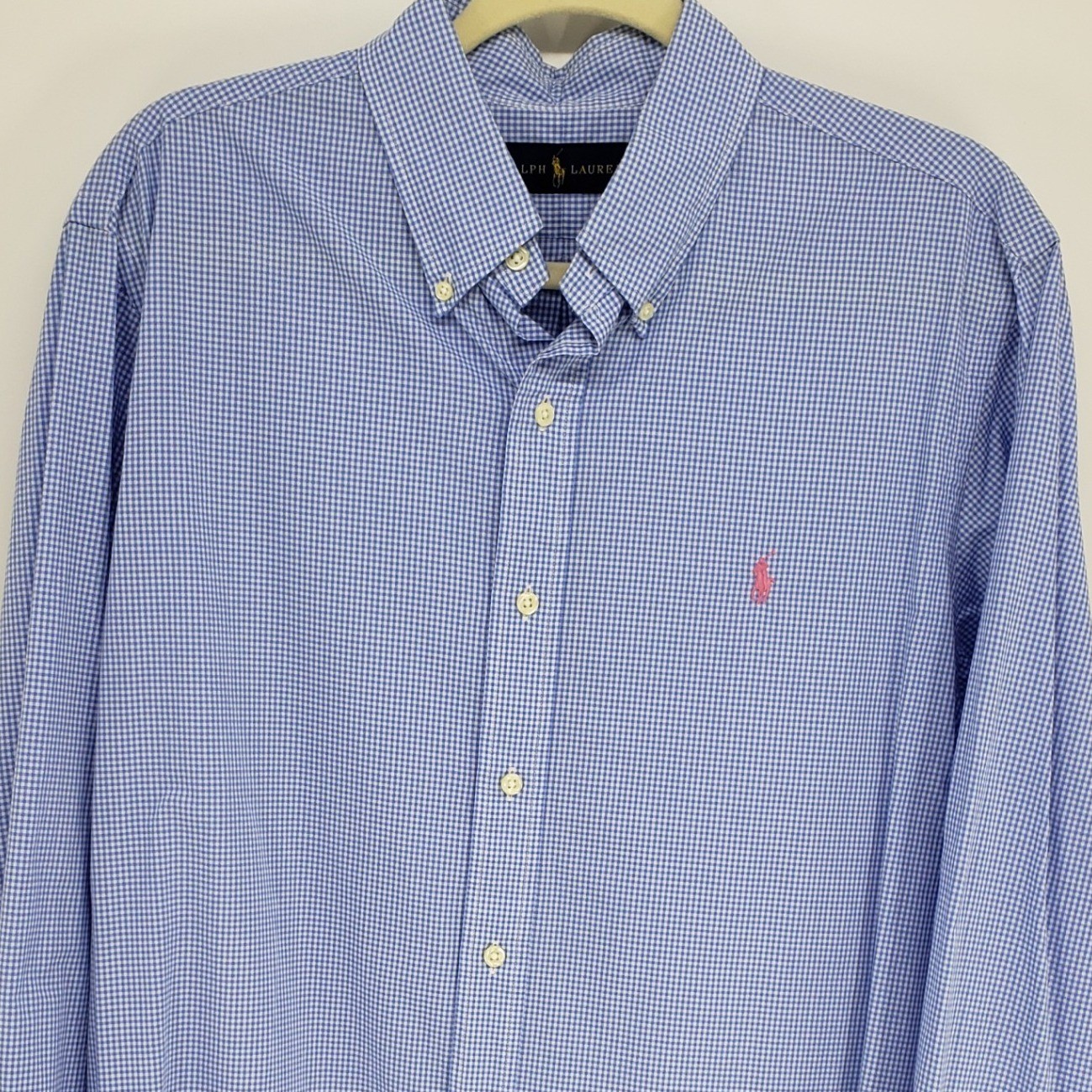 Ralph Lauren Gingham Button Down Shirt Mens L Blue Pink Check Plaid Long Sleeve