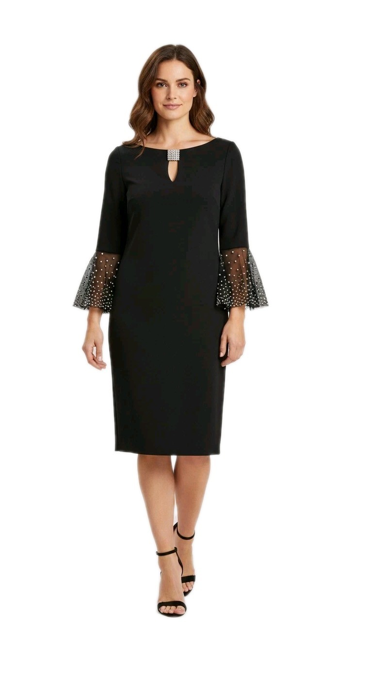 Jackie Jon New York Black Sheath Dress 3/4 Embellished Bell Sleeves Sz 10 Party