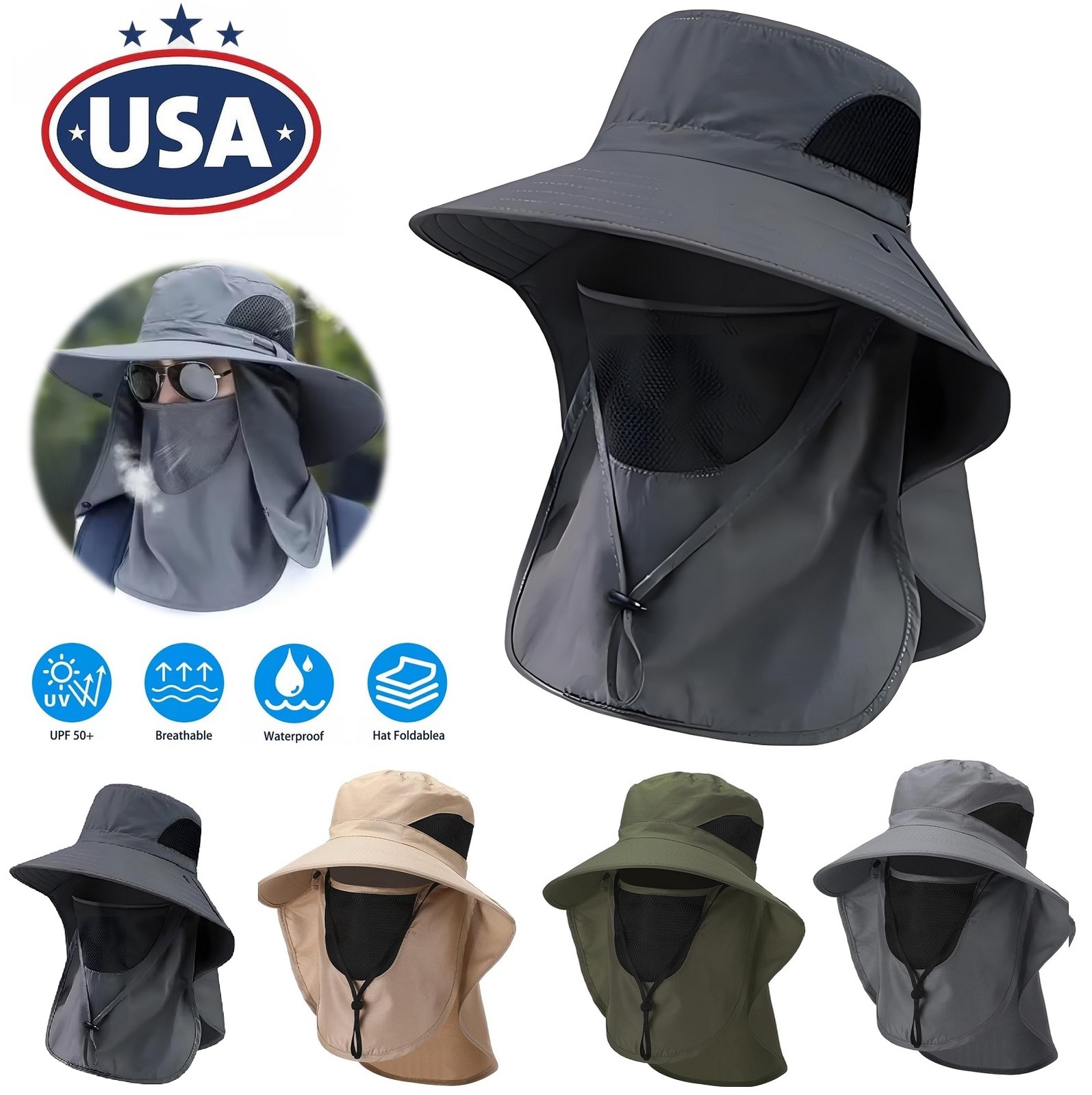 Sun Protection Hat with Face Cover & Neck Flap Unisex Hiking, Climbing, Fishing
