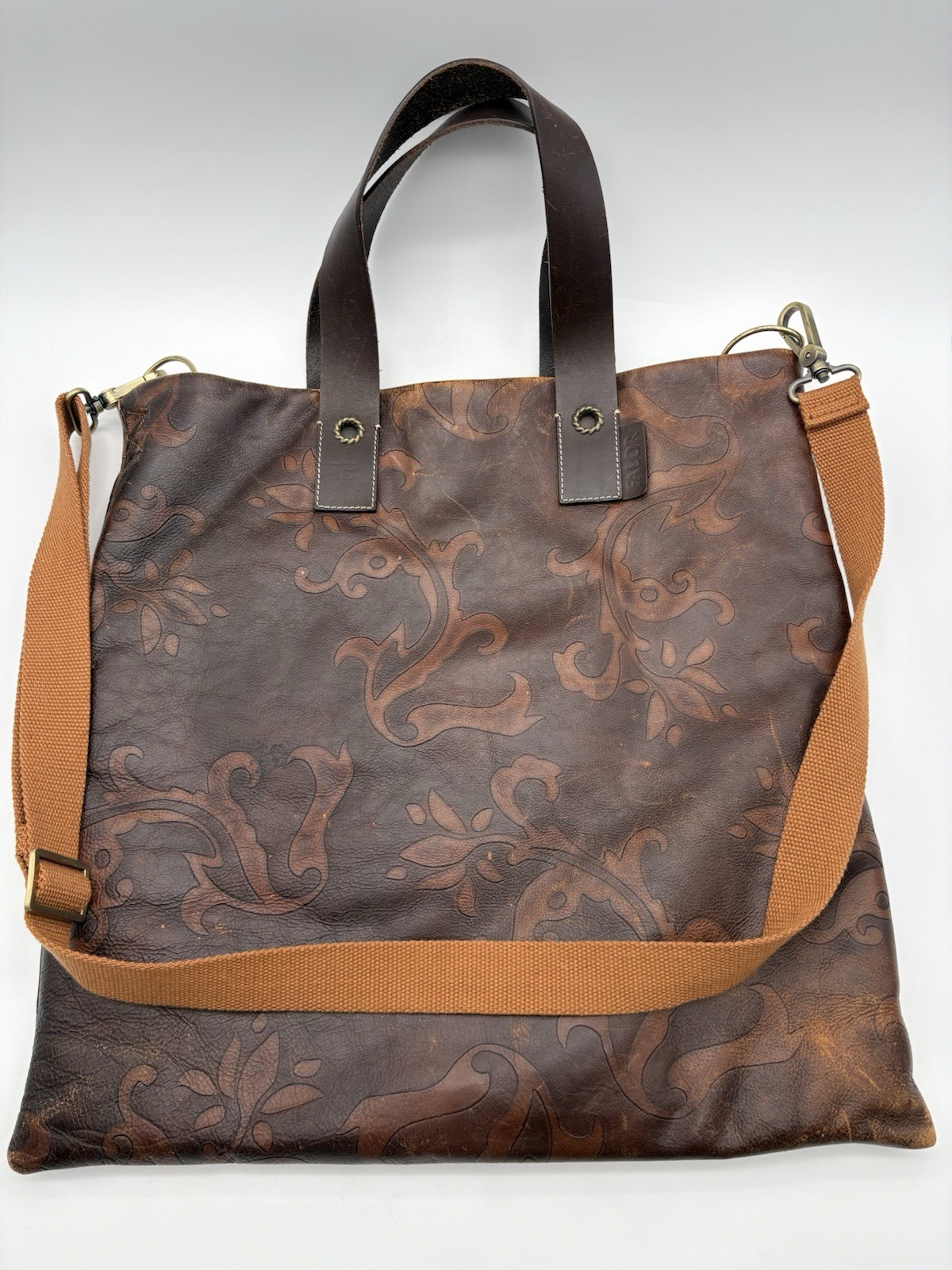 FALOR Italy Tote Bag, Tan Brown Leather Embossed Paisley Large Bag, 16″ x 16″