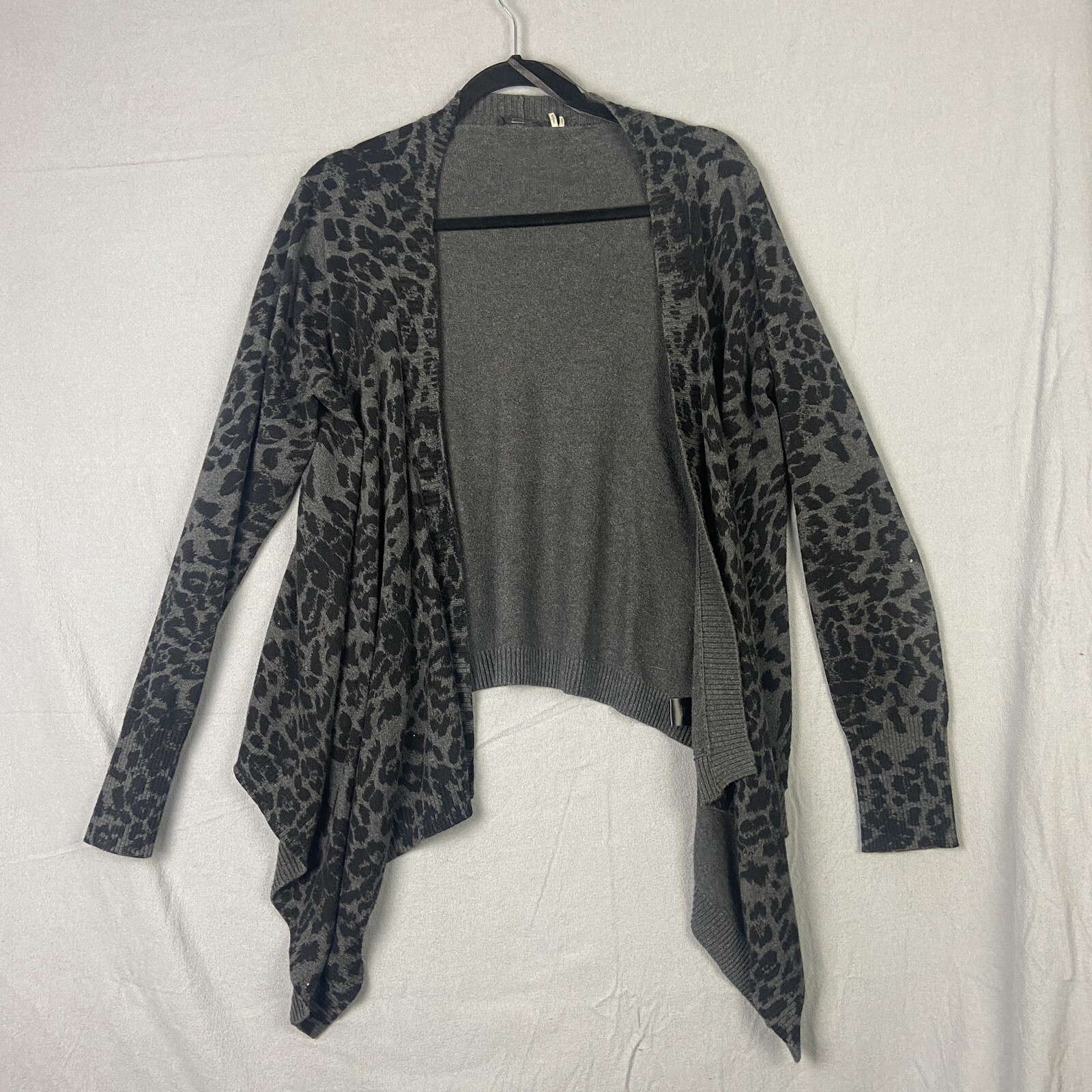 Leopard Cheetah Print Sweater Black Wmns Sz Lg LS Warm Cozy Open Front Cardigan