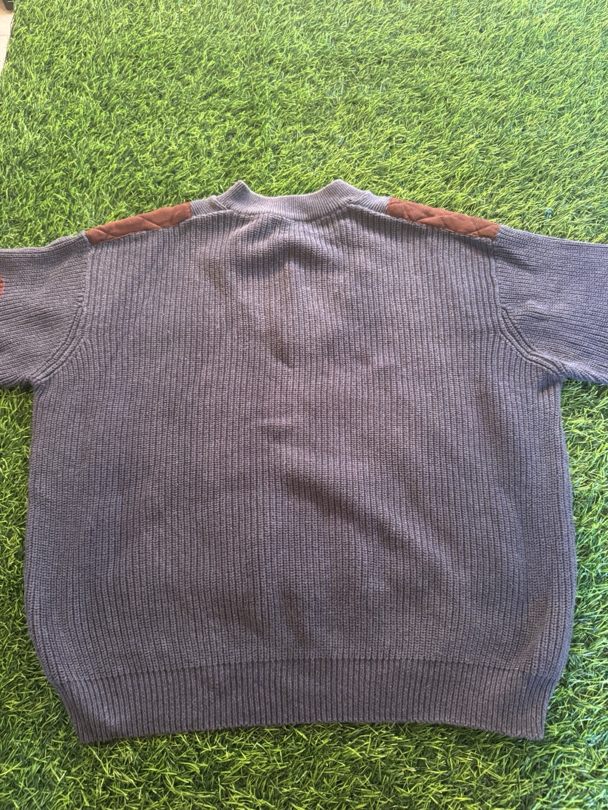 Cabela’s Sweater Mens XL Blue Brown Suede Quilted Patches Fisherman Knit Cotton