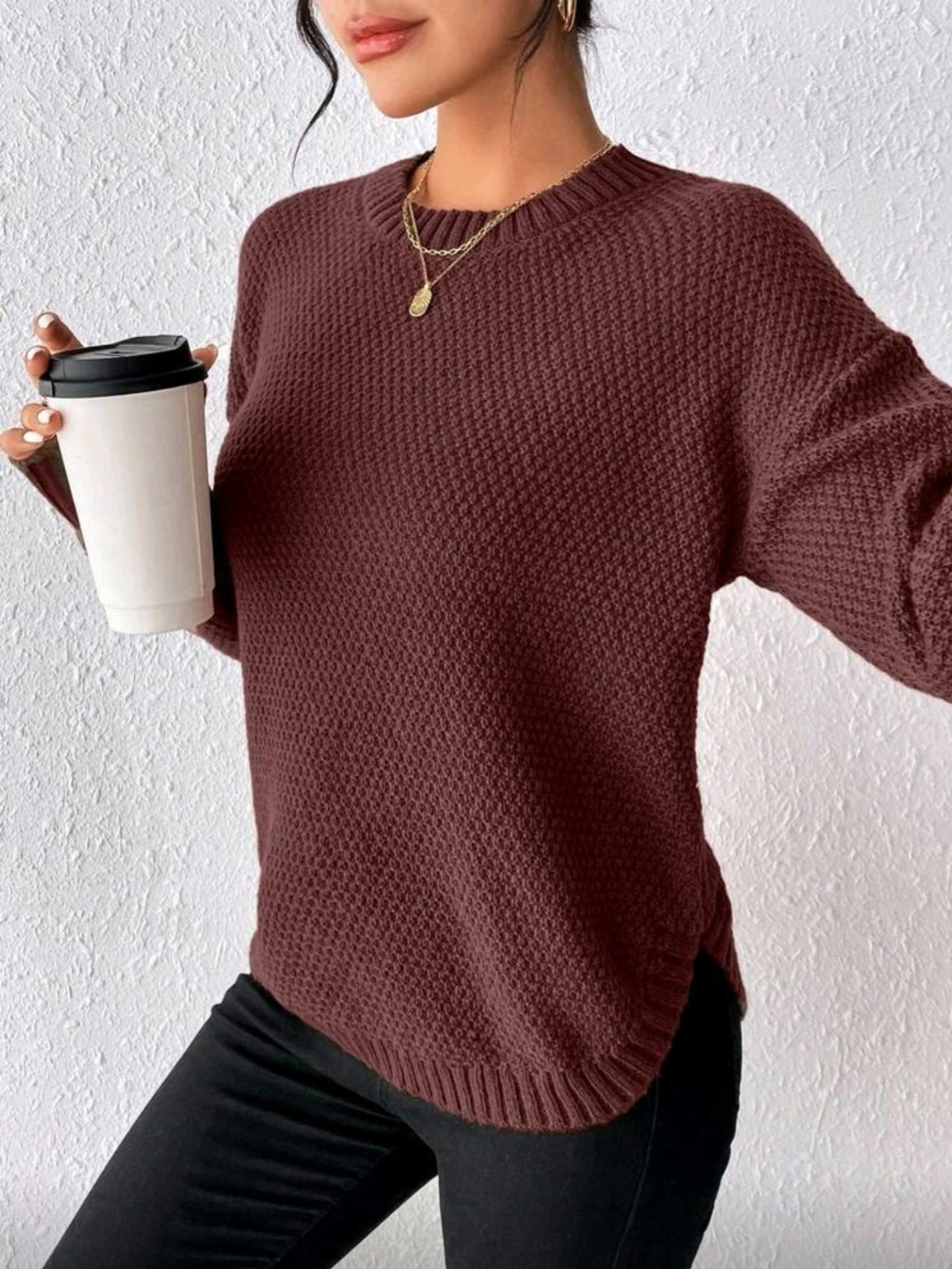 Brown Chunky-Knit Pullover Sweater Women Crew Neck Long Sleeve Relaxed