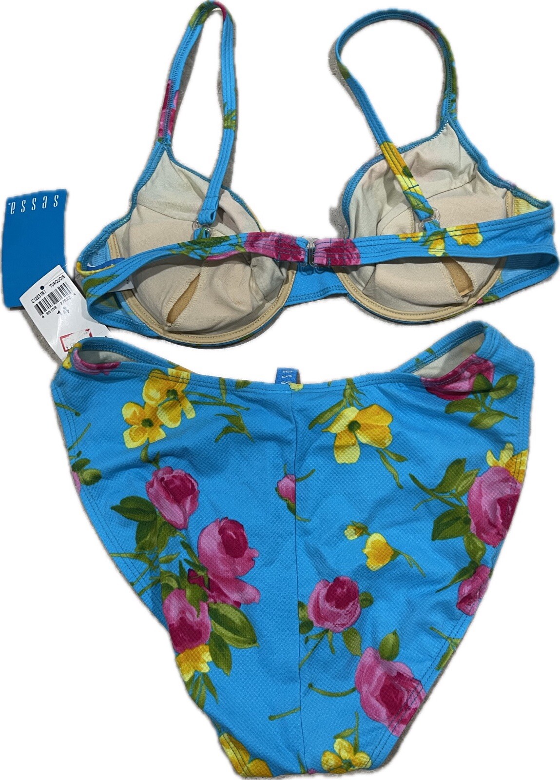 Sessa Neon Blue Floral Padded Bikini High Cut Waist Bikini Swimsuit Size 14 NWT