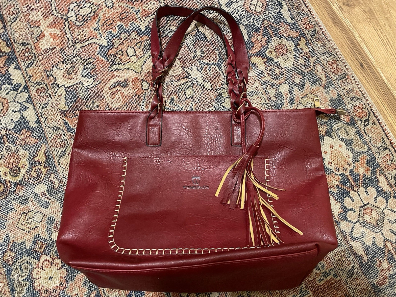 Weimeibaige Purse Wine Red Vegan Leather Tote Shoulder Bag Braided Boho Western