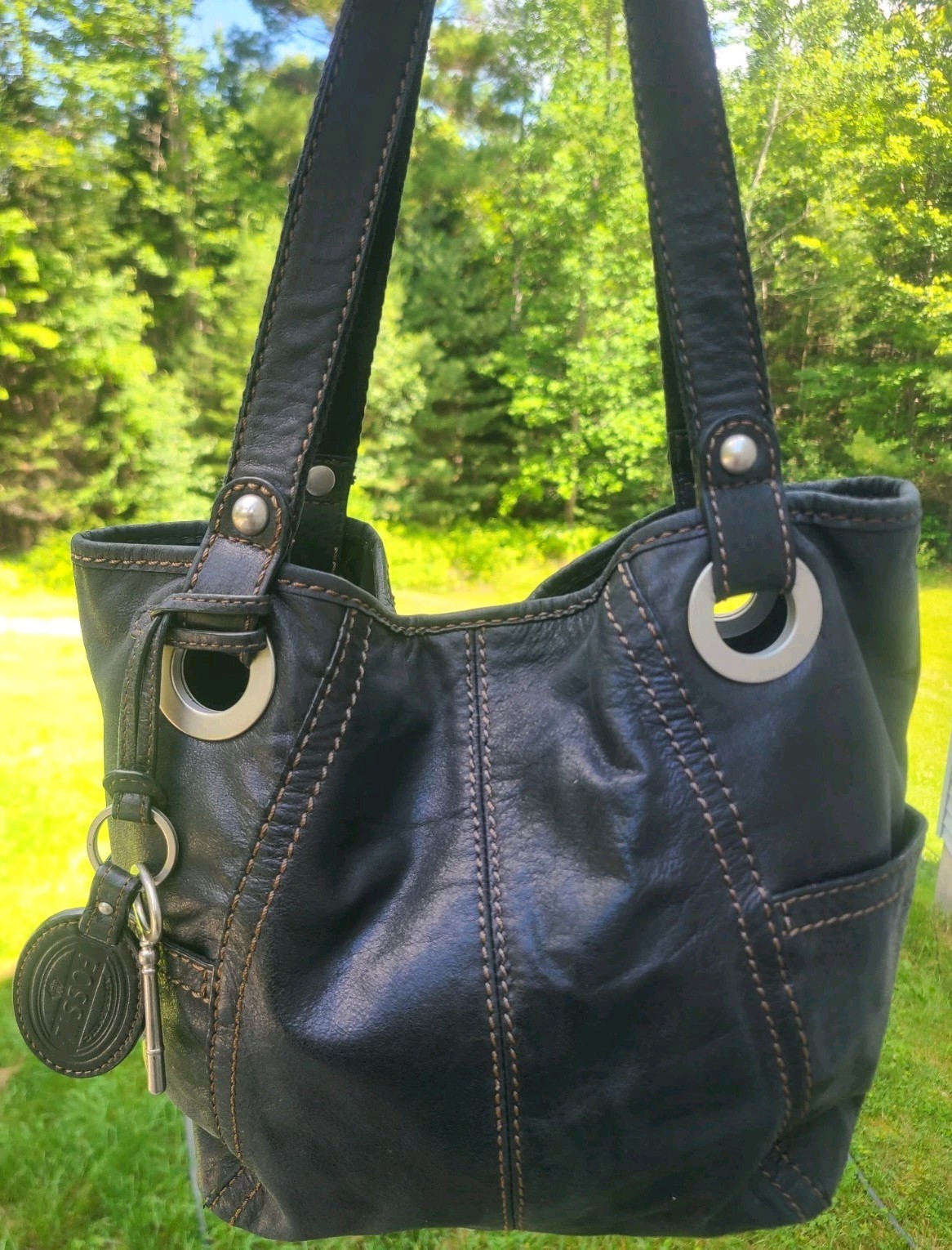 FOSSIL HATHAWAY Shoulder Bag Tote Satchel Purse Black Leather