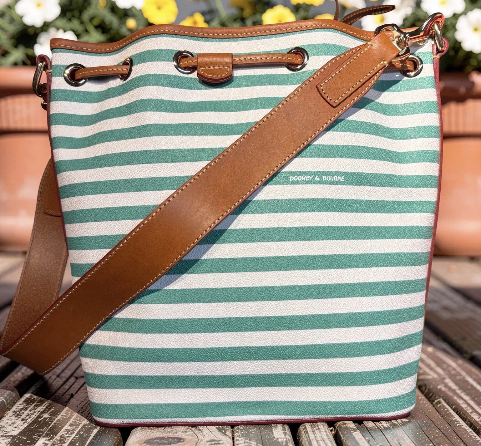 Dooney Bourke Sullivan Stripes Seafoam Spearmint Green Drawstring Bucket Bag