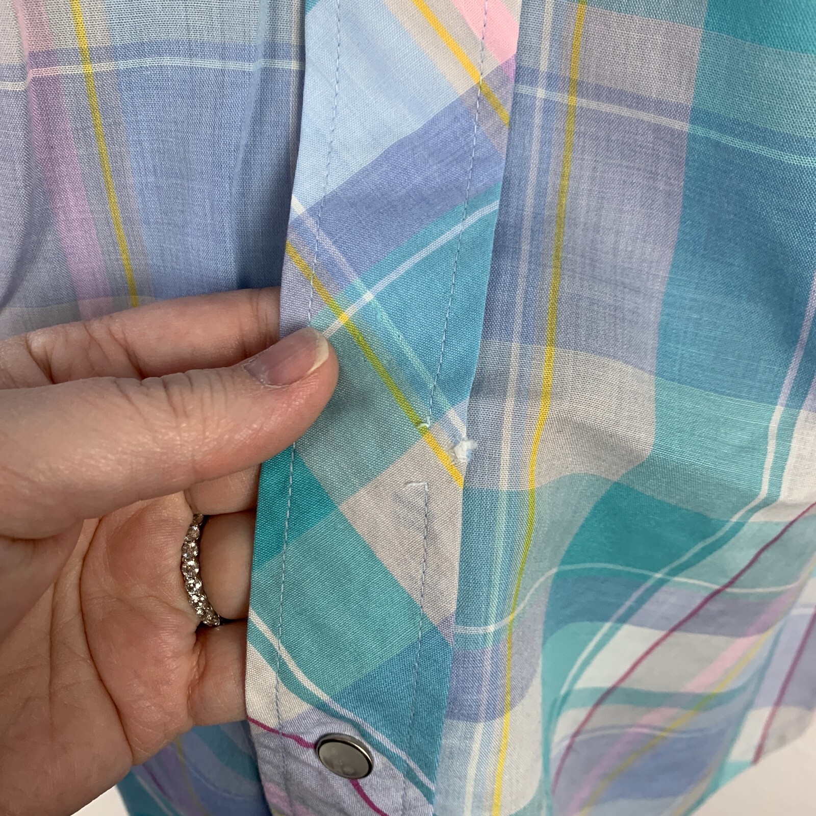 Vintage 80s Plainsman Blue Purple Plaid Western Pearl Snap Short Sleeve Shirt L