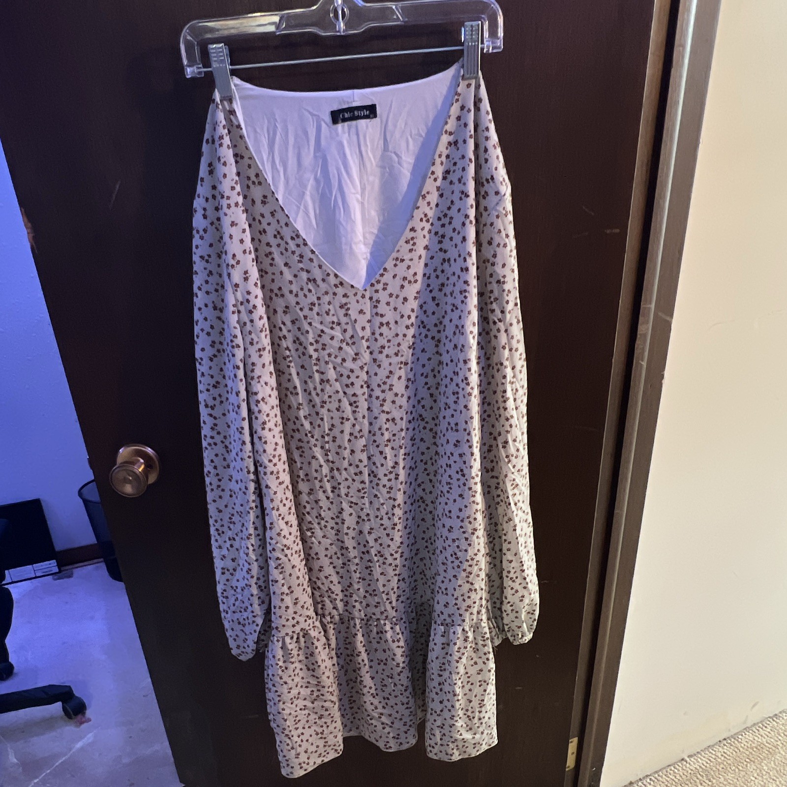 Chic Style Fit & Flare XL White/Brown Polka Dot V-Neck Long Sleeve Dress