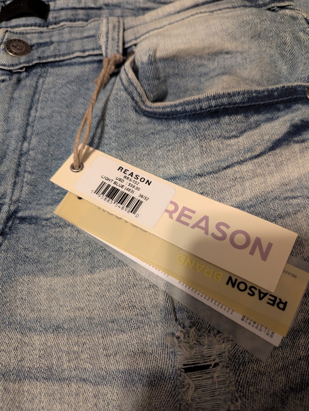 Reason Brand Men’s 36×32 Distressed Light Blue Faded Wash Stretchy Skinny Jeans