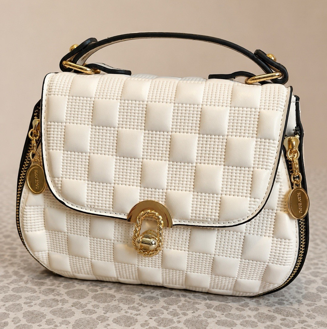 Kate Spade White Checkered Satchel Top Handle Bag Turn Lock Zip Gold Hardware