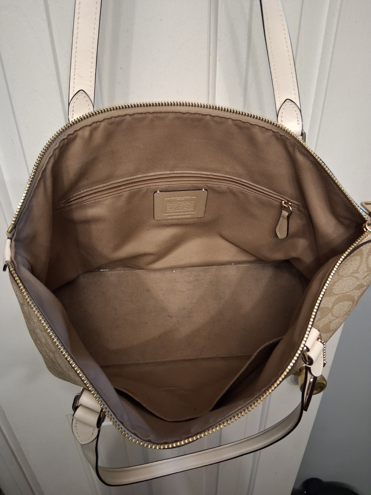 Coach CH504 Cream, Tan Canvas and Leather Signature Gallery Tote Bag Purse
