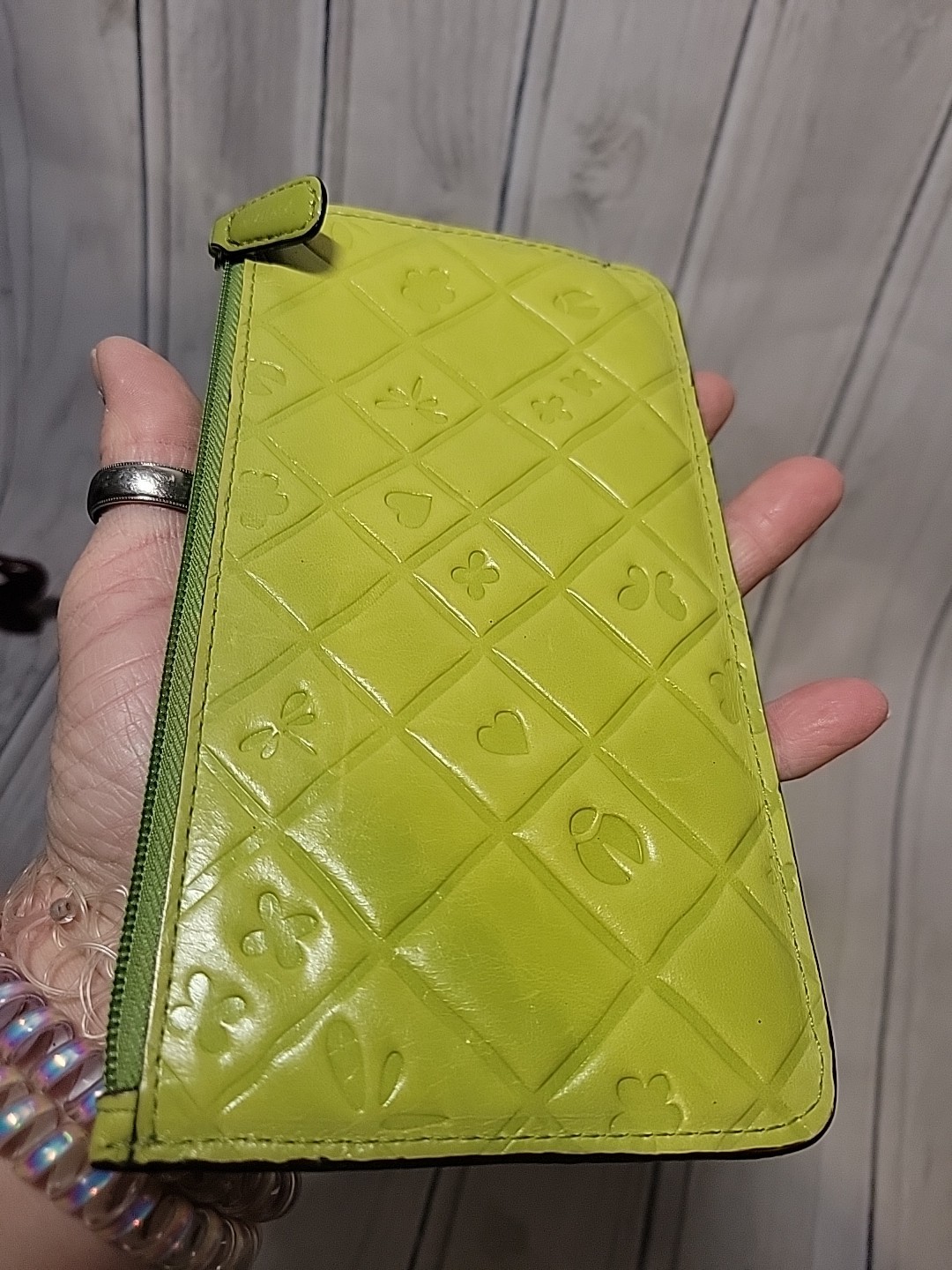 Brighton Spring Song Apple Green Leather Zipper Wallet Pouch EUC
