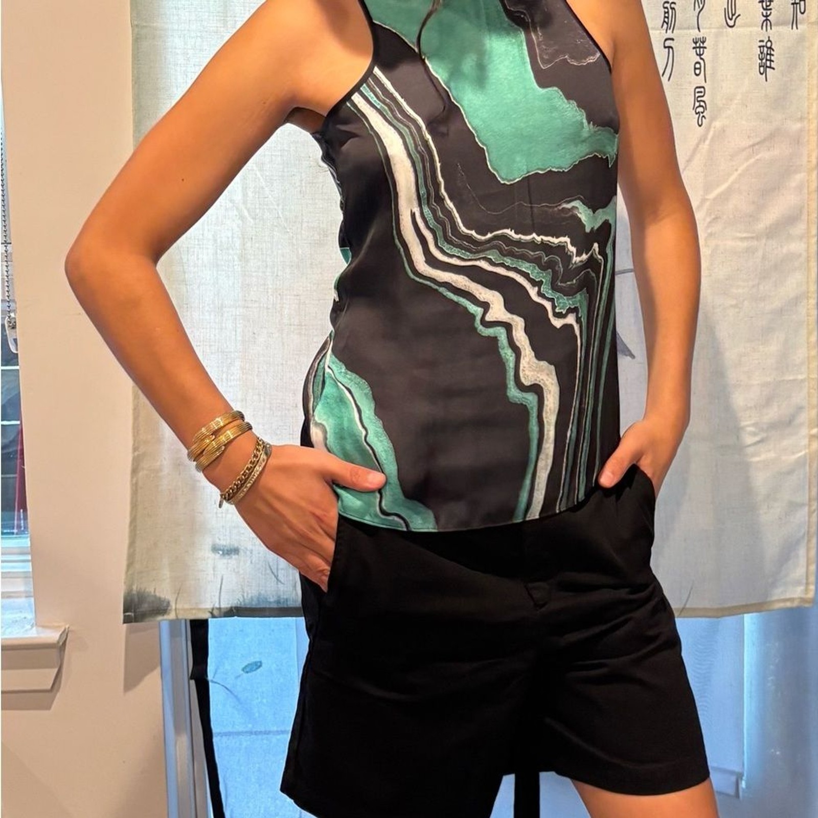 The Kooples Teal and Black Wave Pattern Tank Top Printed Marble