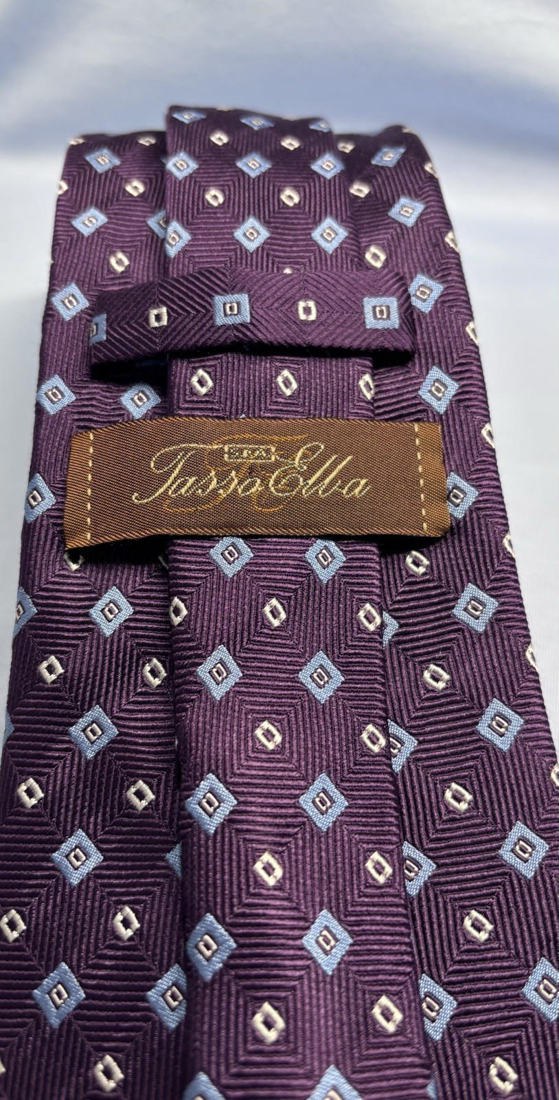 Tasso Elba Hand Made Silk Tie Purple Plum Geometric Blue Diamond Over 60 X 3.75