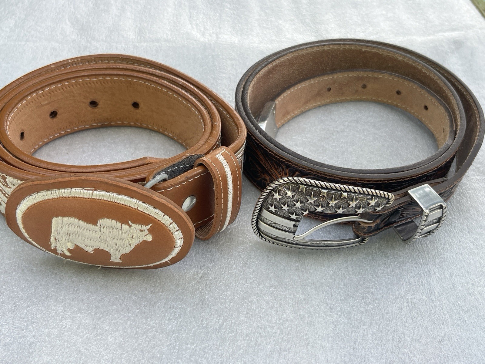 Mens Justin Leather Belt Western US Flag & Eagle Tooled Sz 42 & extra belt Bull