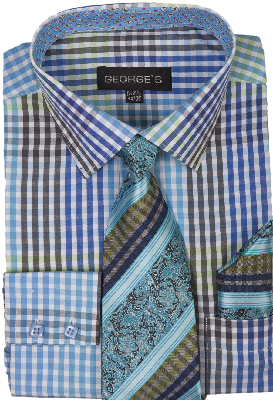 Men’s Checks Shirt With Tie and Hanky, 60%Cotton 40% Poly Standard Cuff AH 627