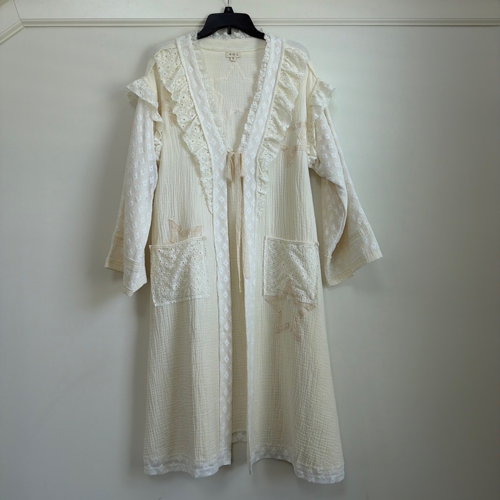POL Natural Crinkle Gauze Eyelet Lace Star Applique Duster Cardigan NWOT