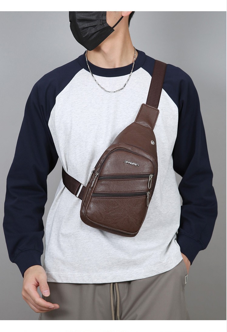 Men’s Leather Sling Bag Chest Pack Crossbody Shoulder Backpack USB Earphone Port