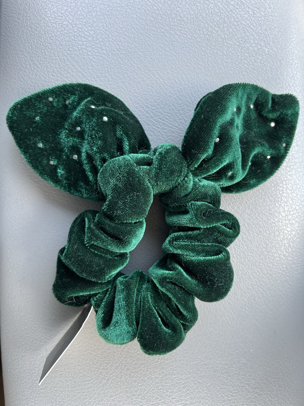 L. Erickson Green Velvet Bow Scrunchie Rhinestone Pearl Hair Tie NWT