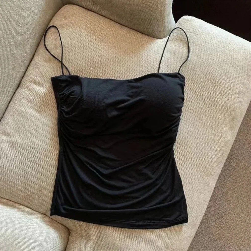 Women Pleated Corset Top Built in Bra Padded Sleeveless Cami Tank Top