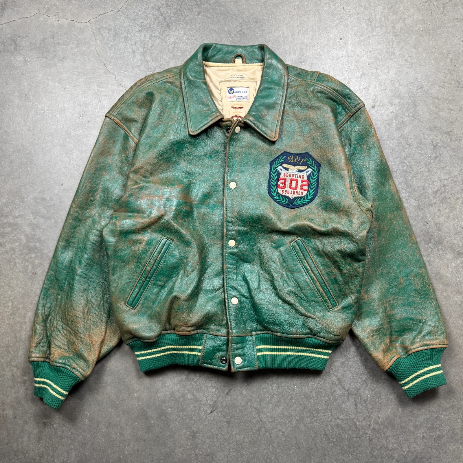 Vintage 1980s Avirex USA Mohawks Leather Jacket Mens L Green Preowned Faded