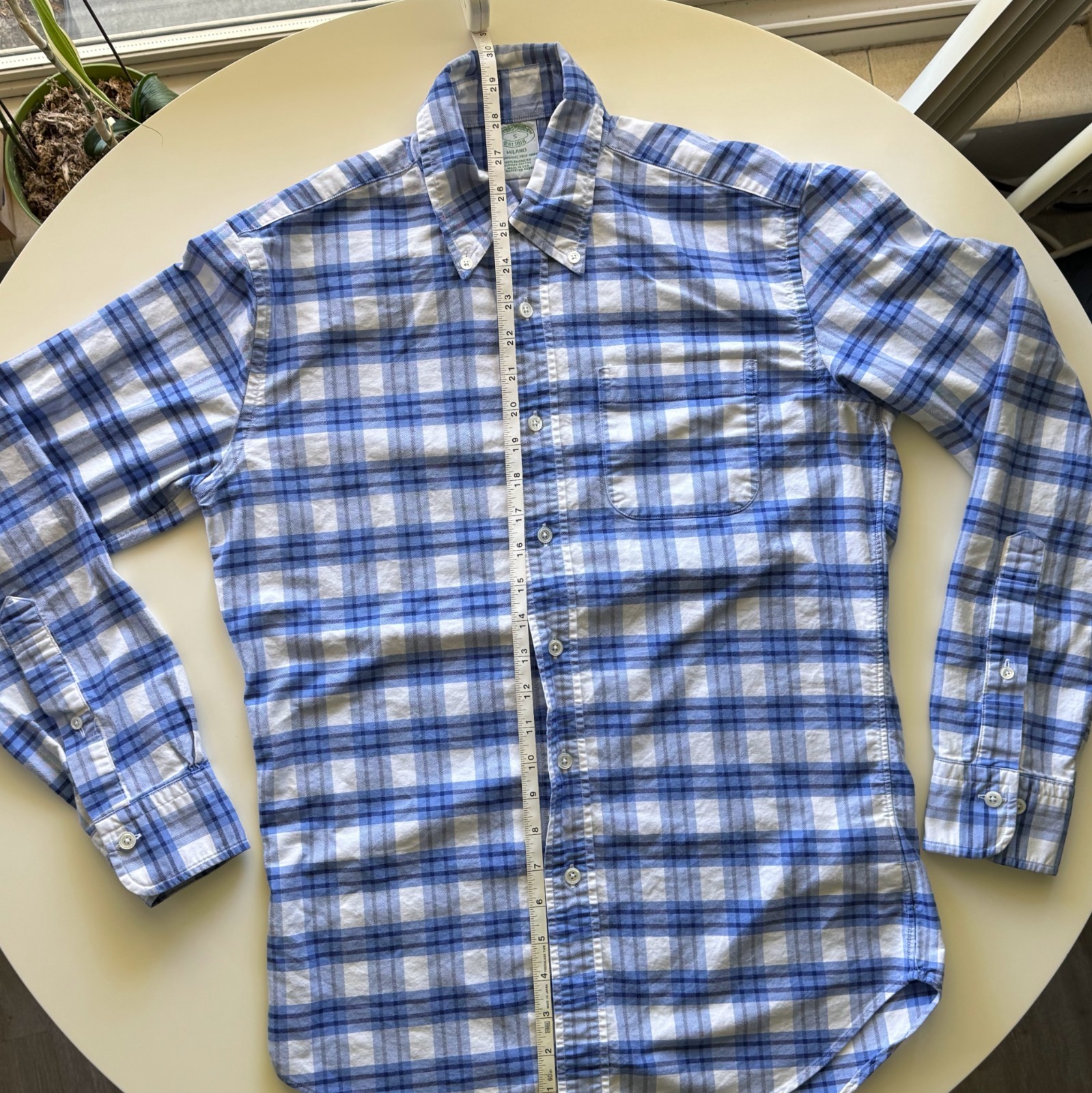 Brooks Brothers Milano Shirt S Small Blue Plaid Supima Cotton Made in USA Slim