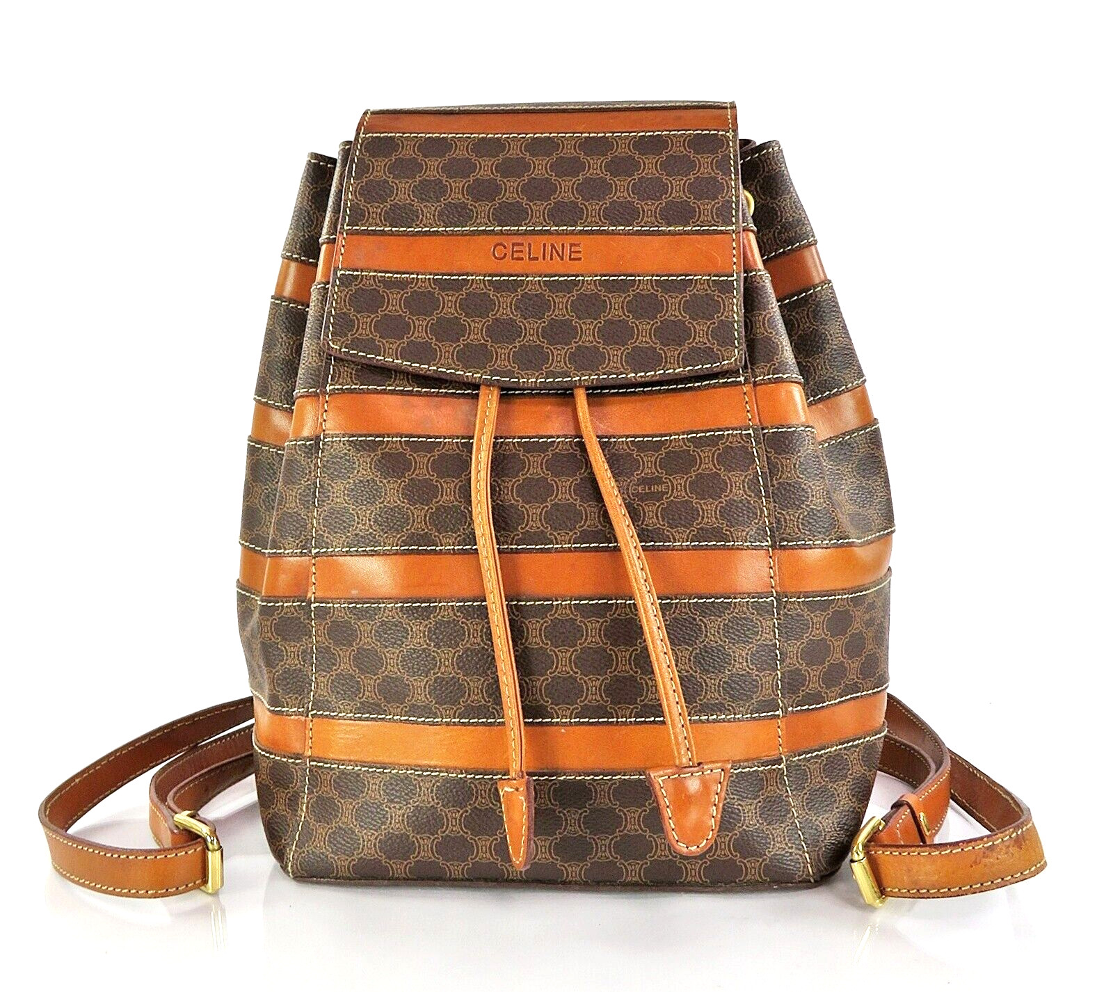 Auth CELINE Brown Macadam PVC Canvas and Leather Backpack Bag Purse #60256