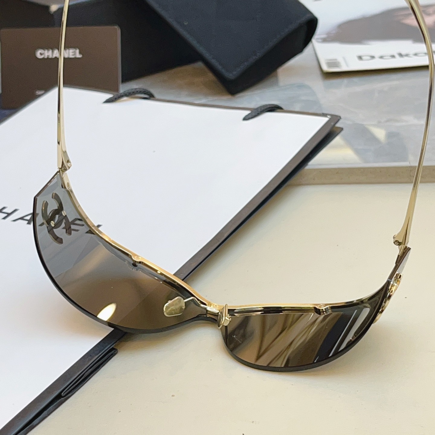 Chanel CH6058 Gold Shield Sunglasses Dark Grey Mirror Lens Large CC Logo Women