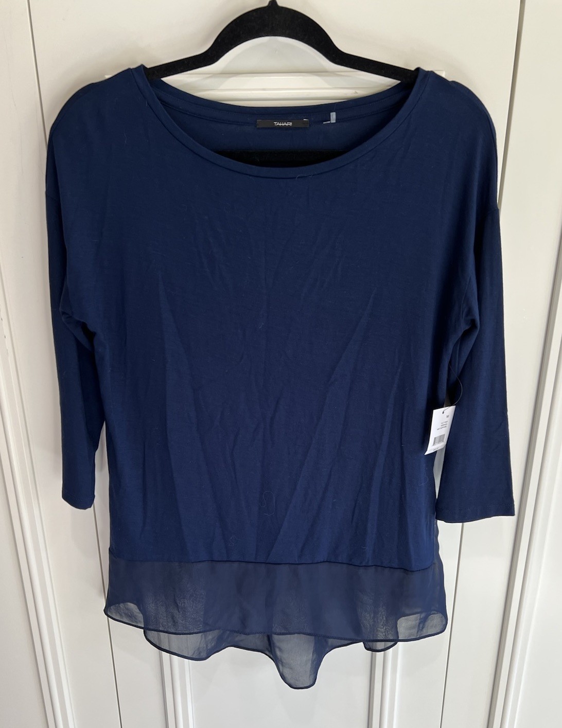 Tahari Navy Jersey Knit Tunic Top Size Medium Chiffon Hem High Low Minimalist