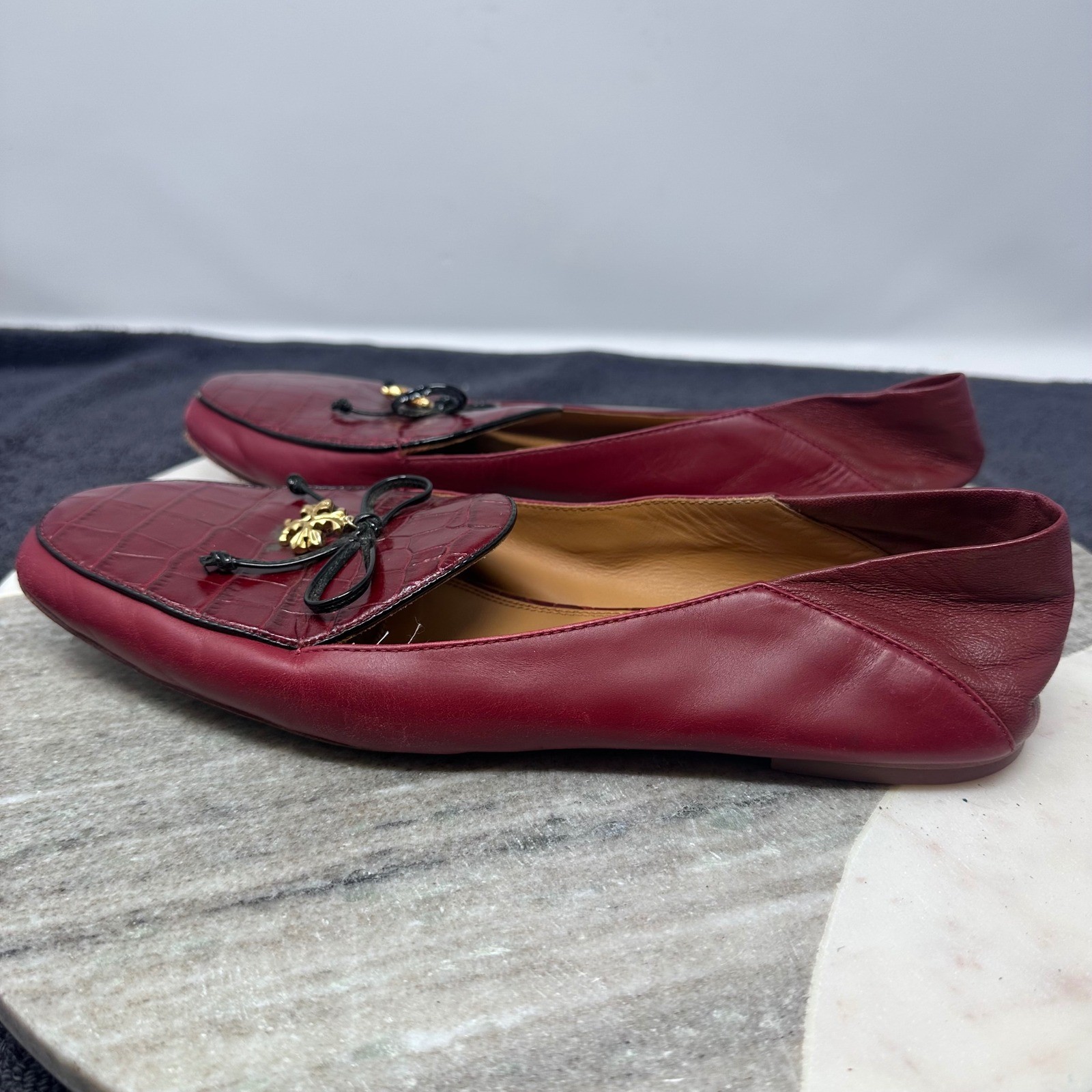 Tory Burch Burgundy Leather Croc Embossed Bow Loafer Flats 9M 8099 G20