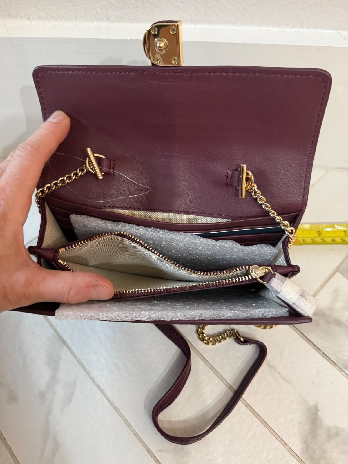 NWT COLE HAAN Collection “Black Garnet” Leather Wallet On A Chain Crossbody Bag