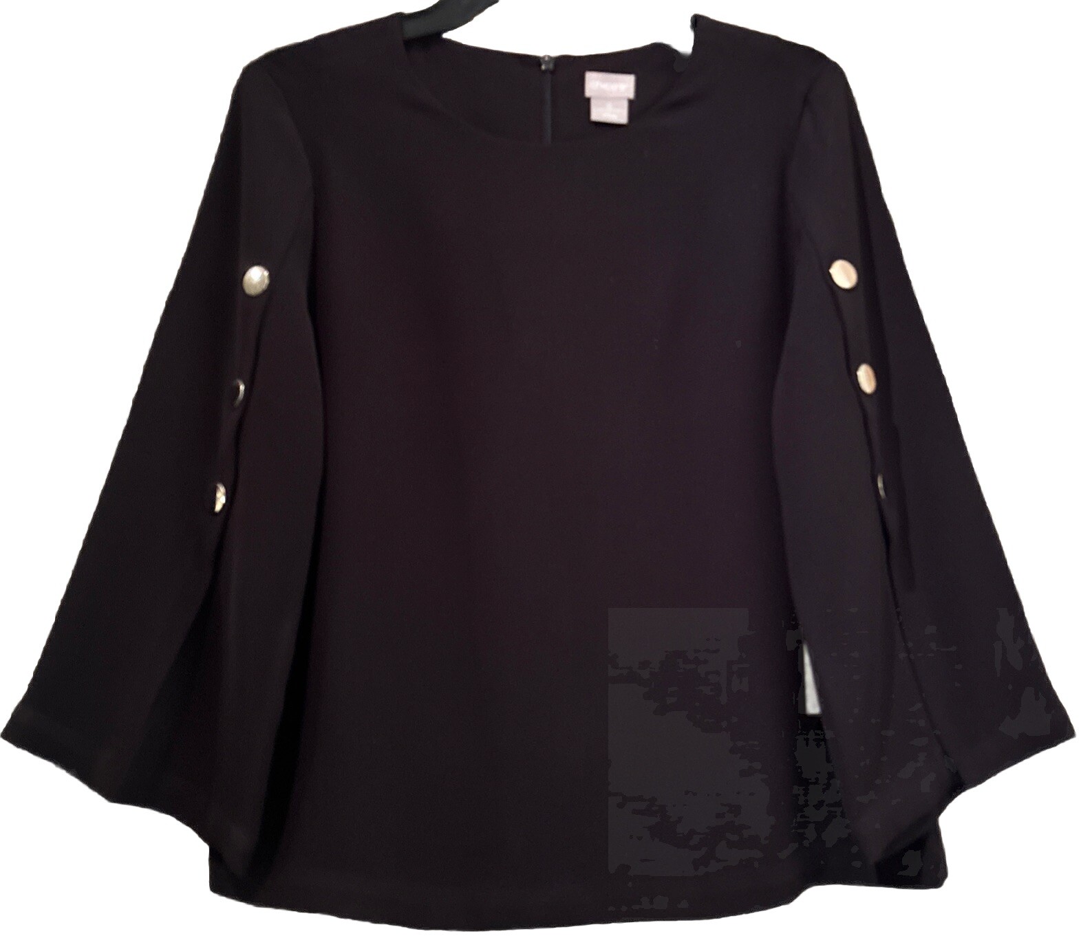 Chico’s NWT Black Military Popover Top Sz 0 (4-6) Split Long Sleeves w/Buttons
